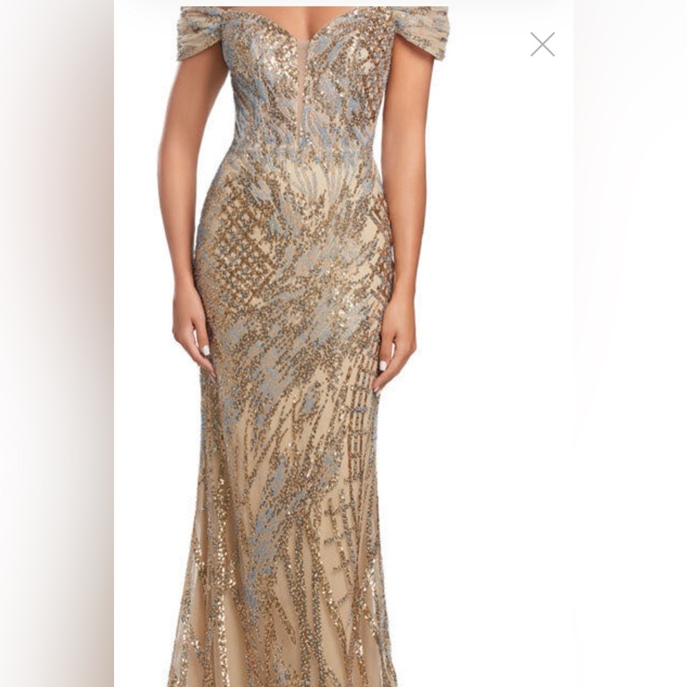 Elegant Gold Off-Shoulder Wedding Dress - Picture 3 of 13